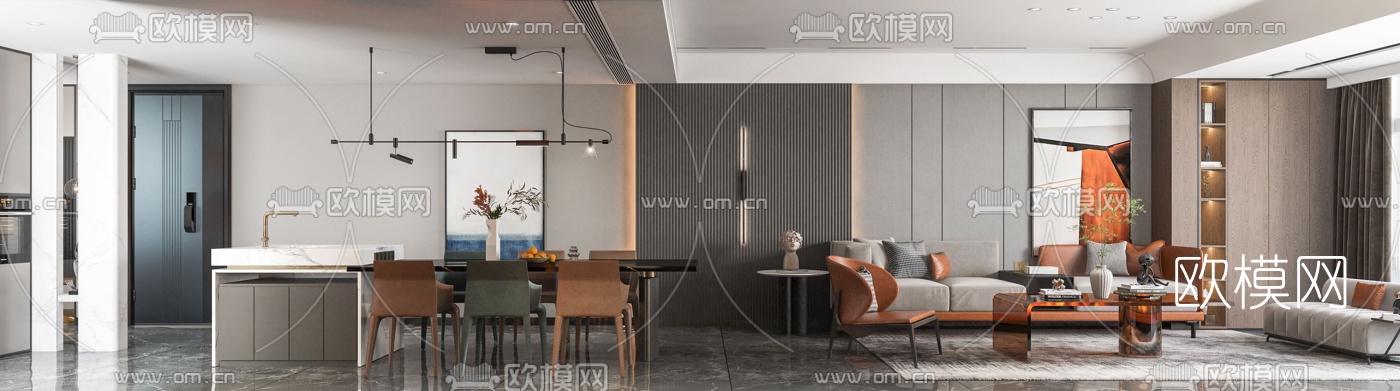 现代轻奢客厅餐厅3d模型