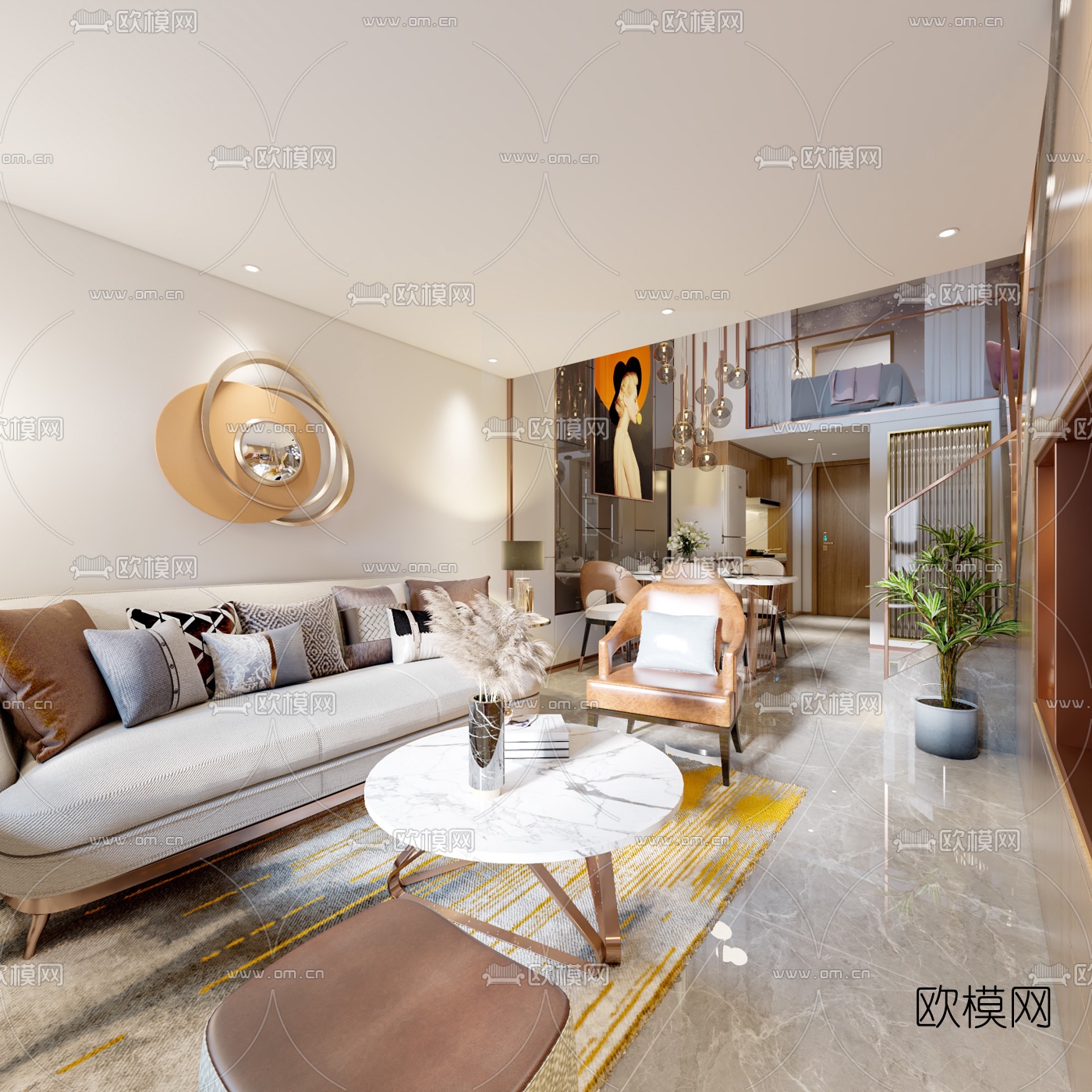 现代轻奢公寓客厅餐厅3d模型