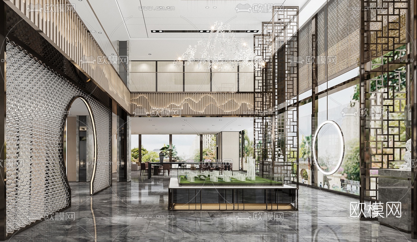 新中式售楼处沙盘区3d模型下载（渲染图2）