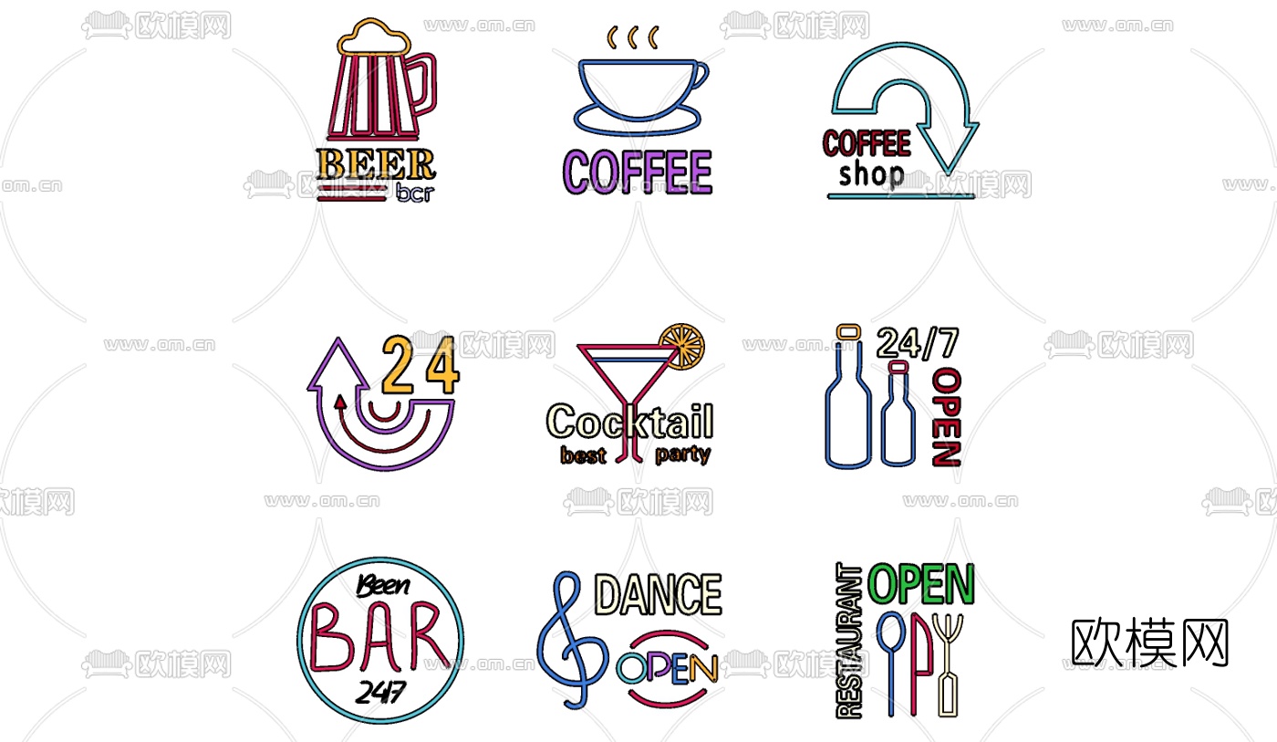 现代商业街店铺霓虹灯su模型下载