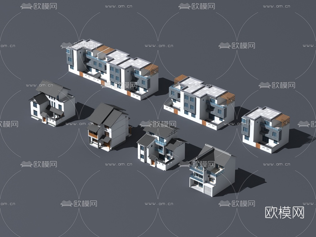 现代别墅独栋联排建筑外观3d模型-免费3dmax模型库-欧模网
