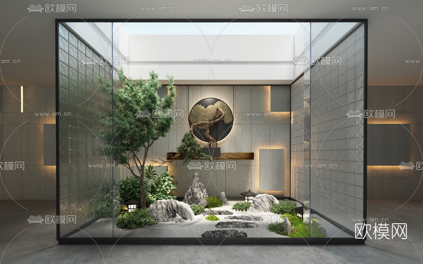 新中式绿植景观山石小品3d模型下载（渲染图1）