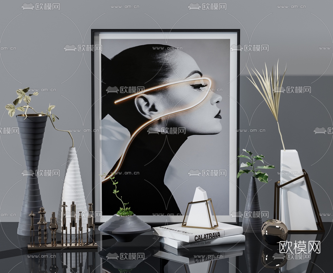 现代插花花瓶摆件3d模型下载（渲染图1）