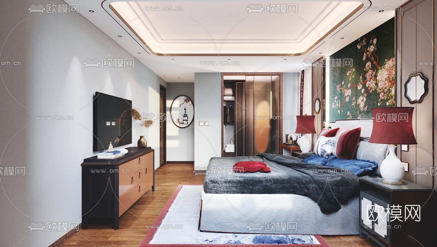 新中式主人房卧室3d模型下载（渲染图1）