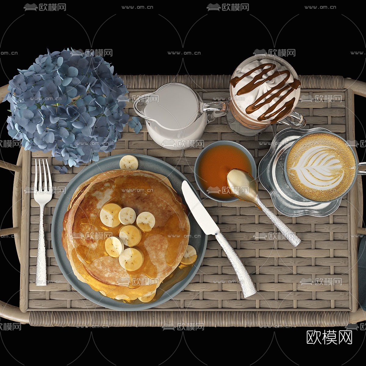 现代牛奶咖啡早餐食品餐具3d模型
