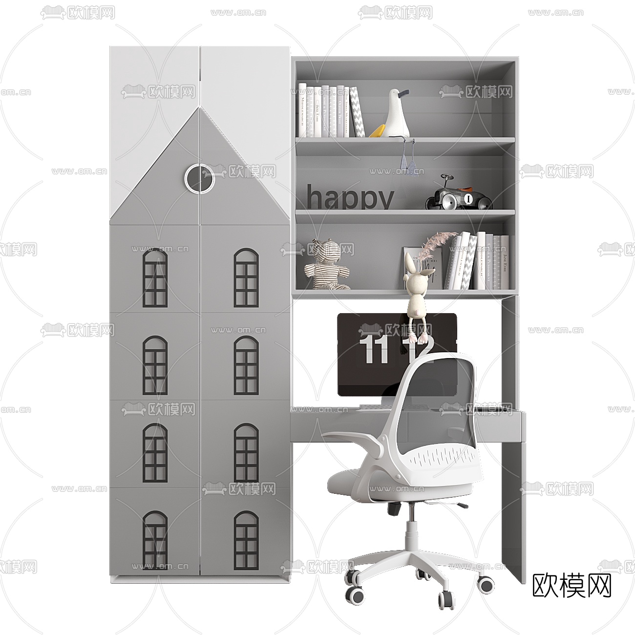 现代儿童书柜书桌椅3d模型下载（渲染图4）