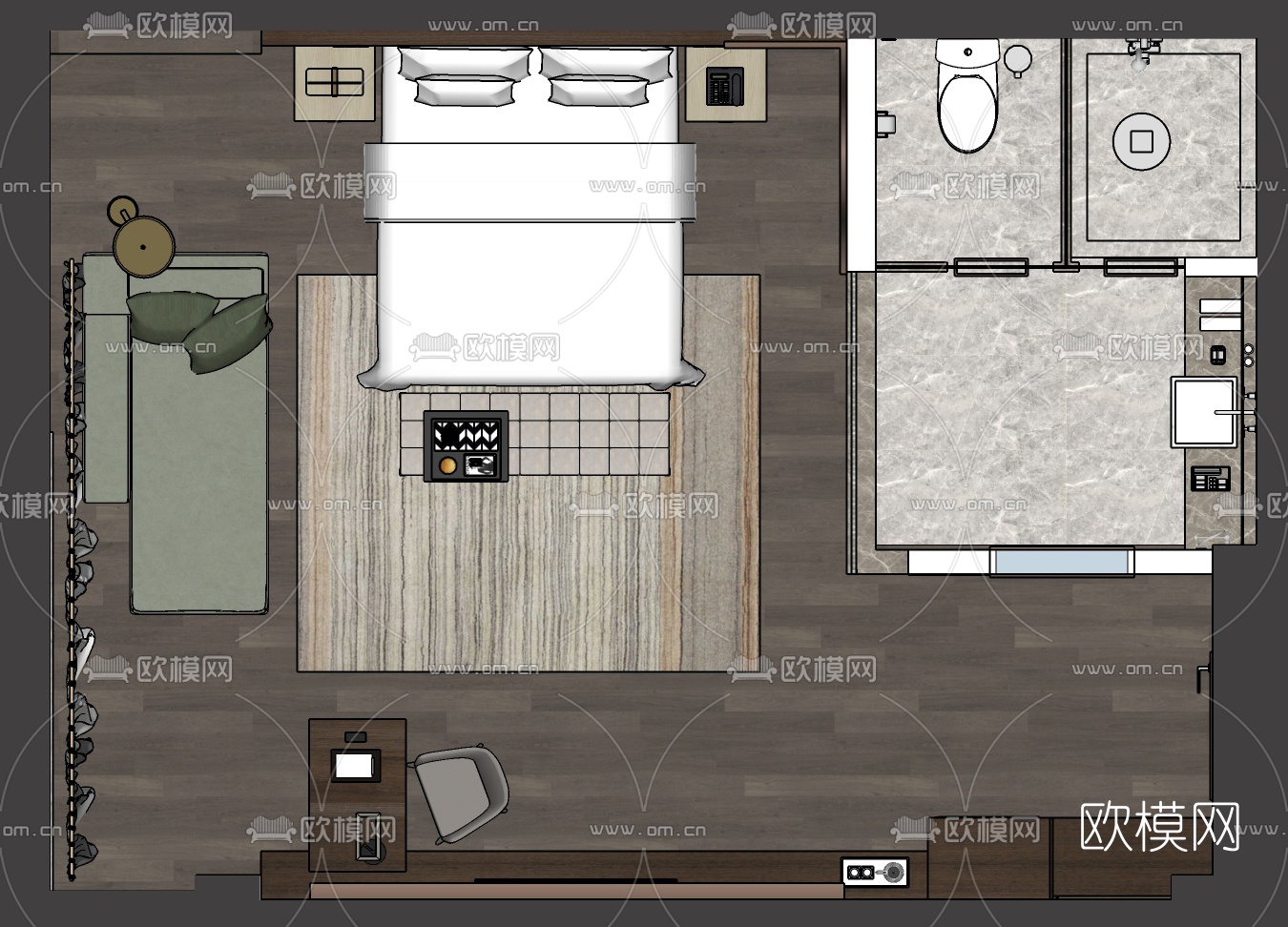 现代轻奢酒店客房标准间su模型下载（渲染图5）