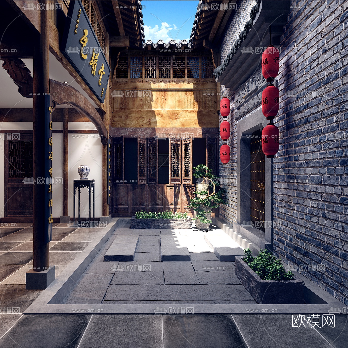 中式古建别墅中庭院子3d模型