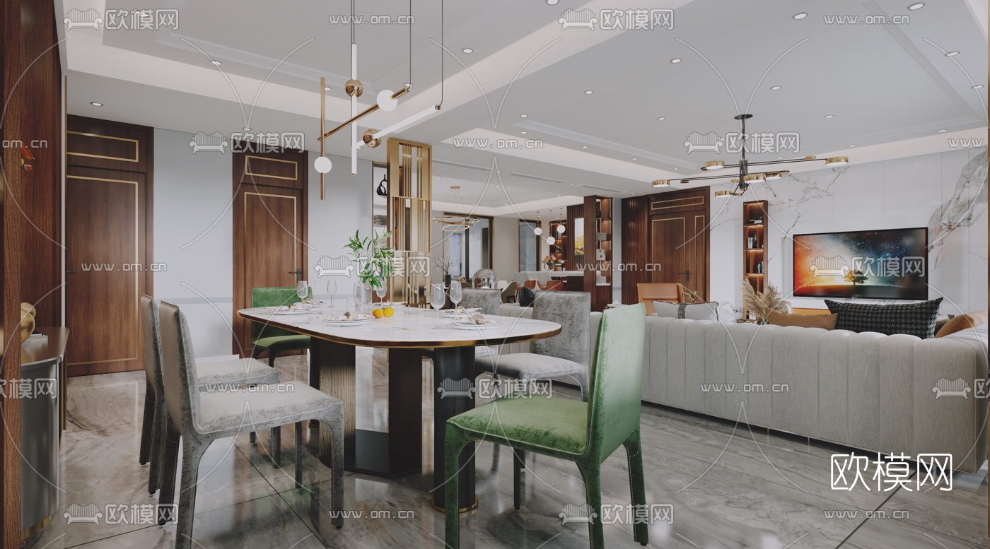 现代轻奢客厅餐厅3d模型下载（渲染图5）