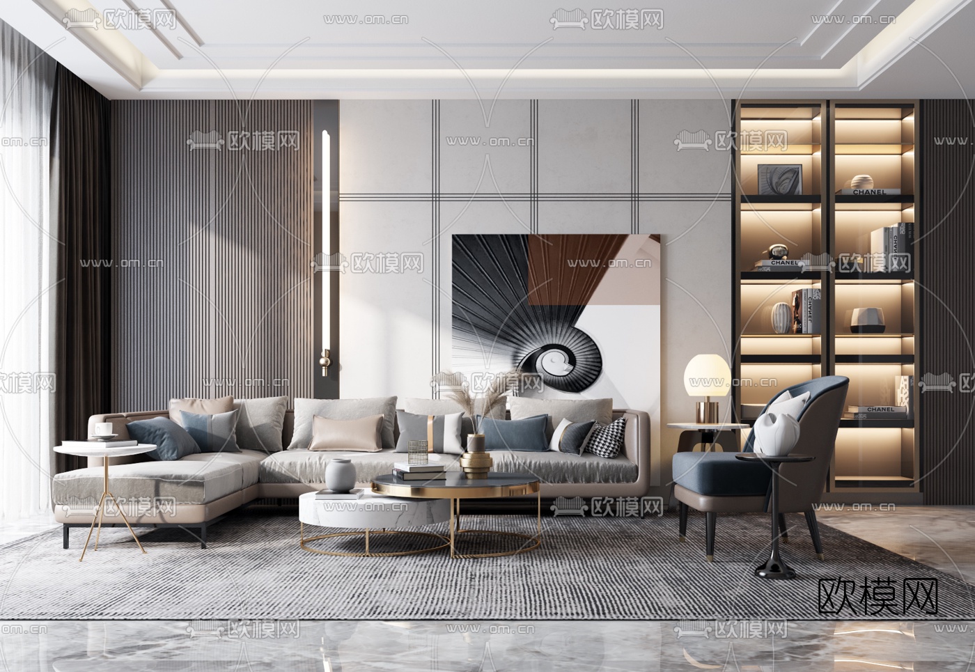 现代布艺转角沙发组合3d模型下载