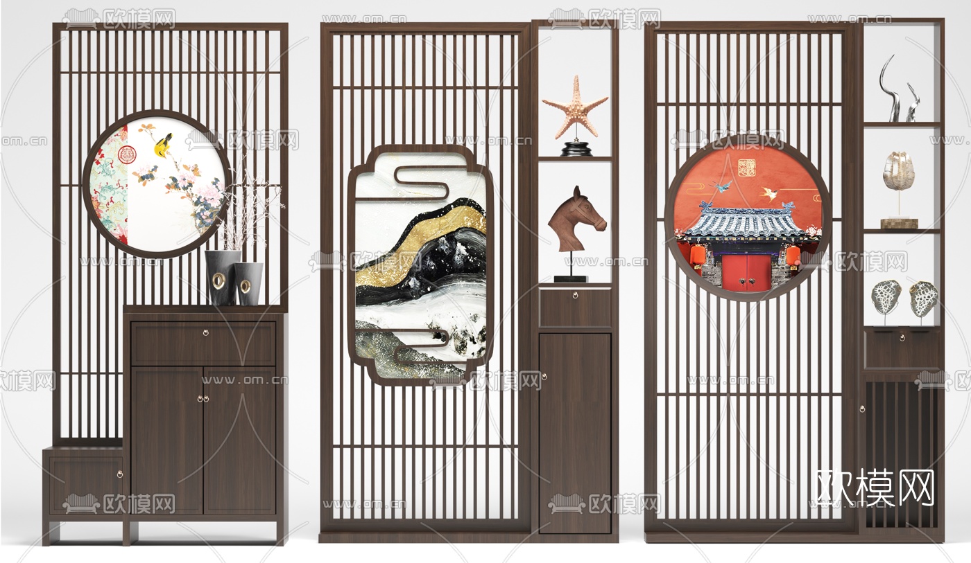 新中式实木屏风隔断3d模型下载