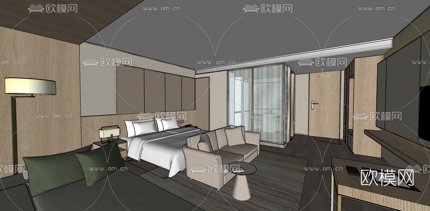 现代轻奢酒店客房标准间su模型下载（渲染图1）