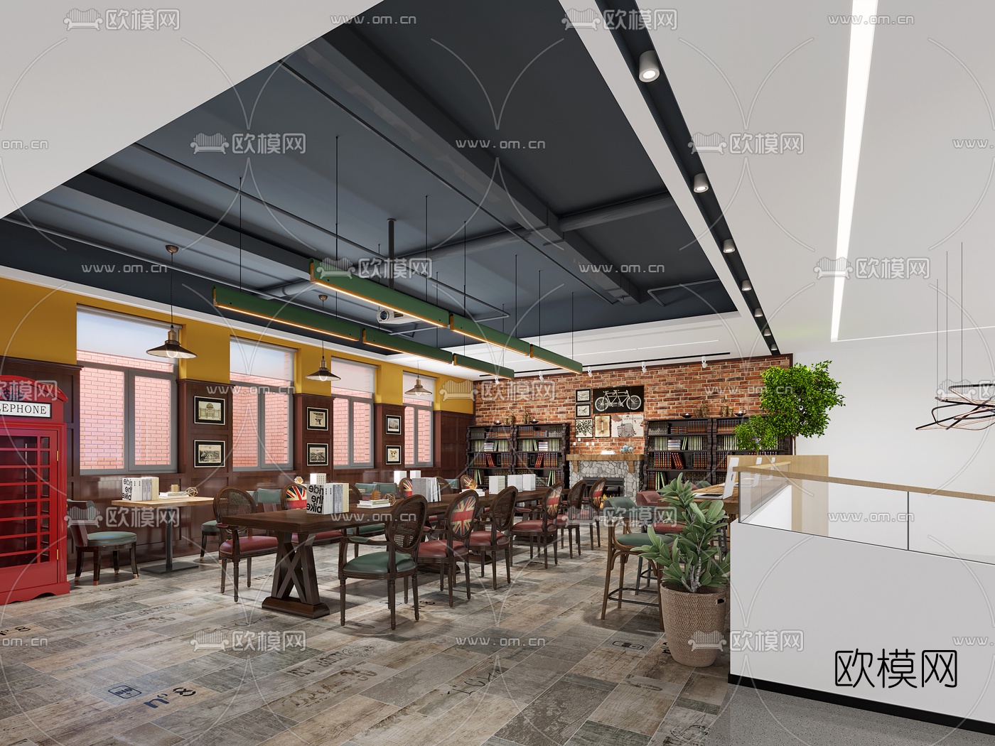 美式阅览室免费3d模型下载（渲染图2）