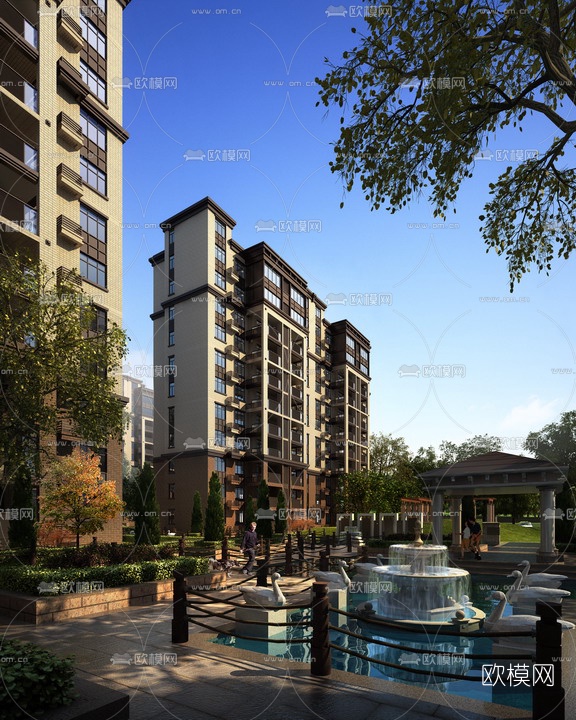 现代住宅小区商业街外观免费3d模型下载（渲染图3）