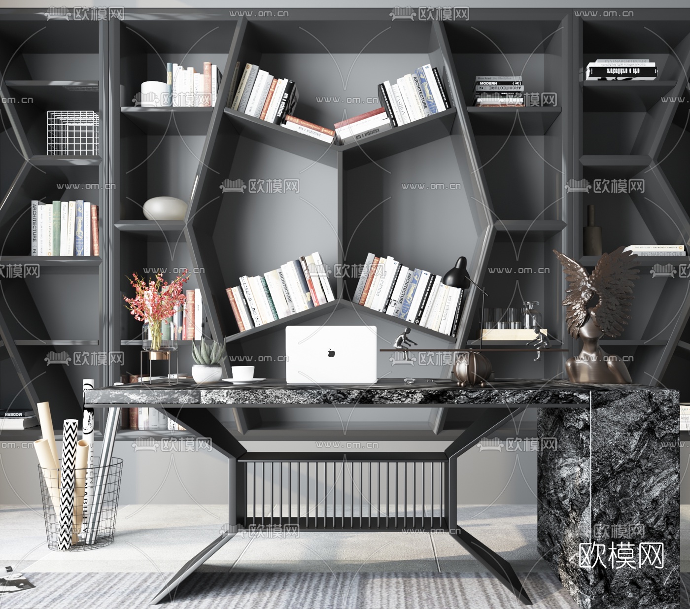 现代大理石书桌椅su模型下载（渲染图2）