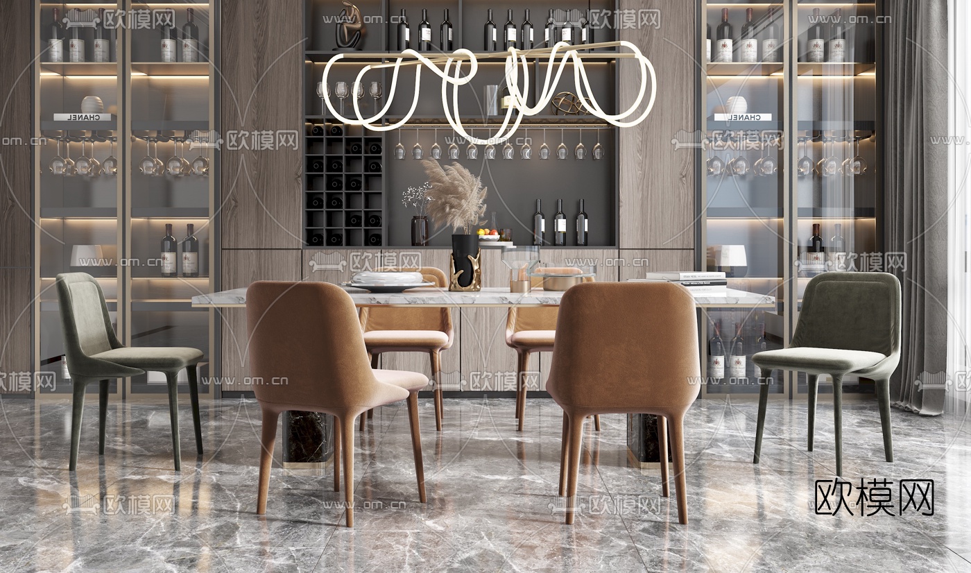 现代轻奢餐桌椅3d模型下载（渲染图2）