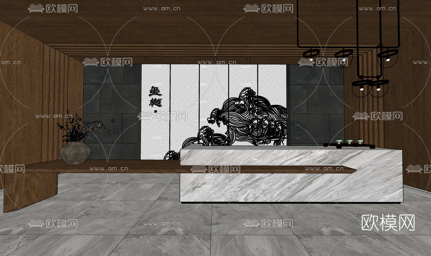 新中式接待前台su模型下载（渲染图2）