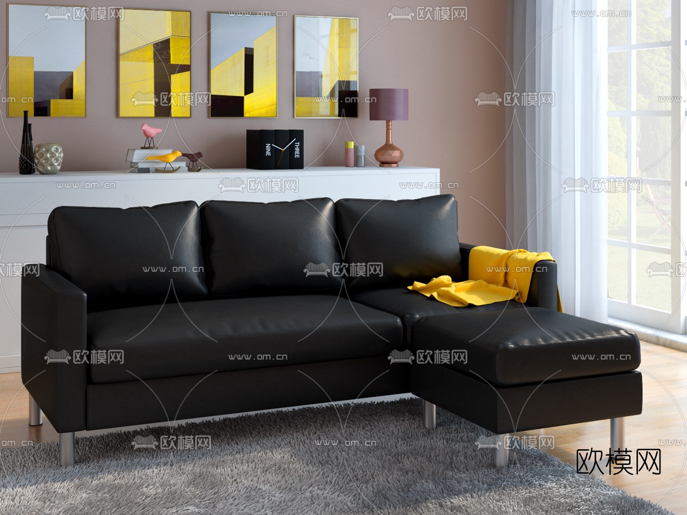 现代皮革转角沙发免费3d模型下载（渲染图1）
