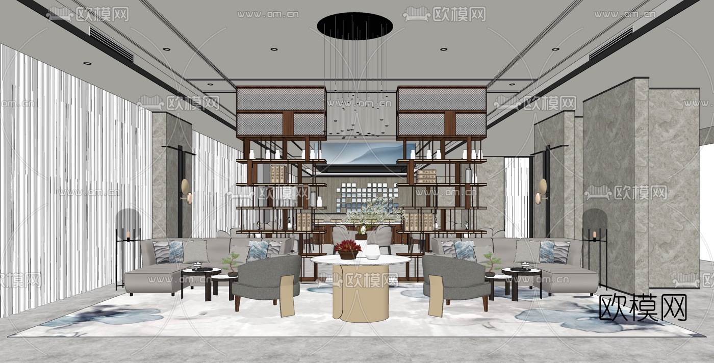 新中式售楼处洽谈区su模型下载