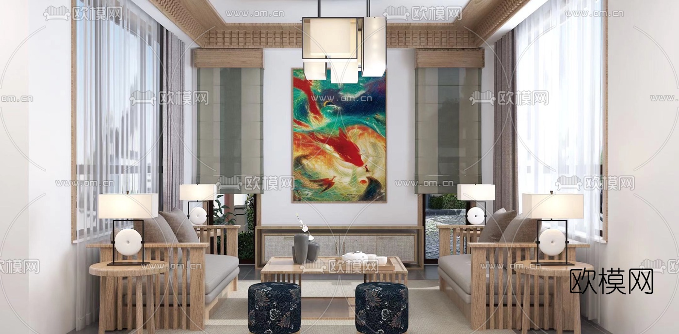 日系客厅餐厅免费3d模型下载（渲染图1）