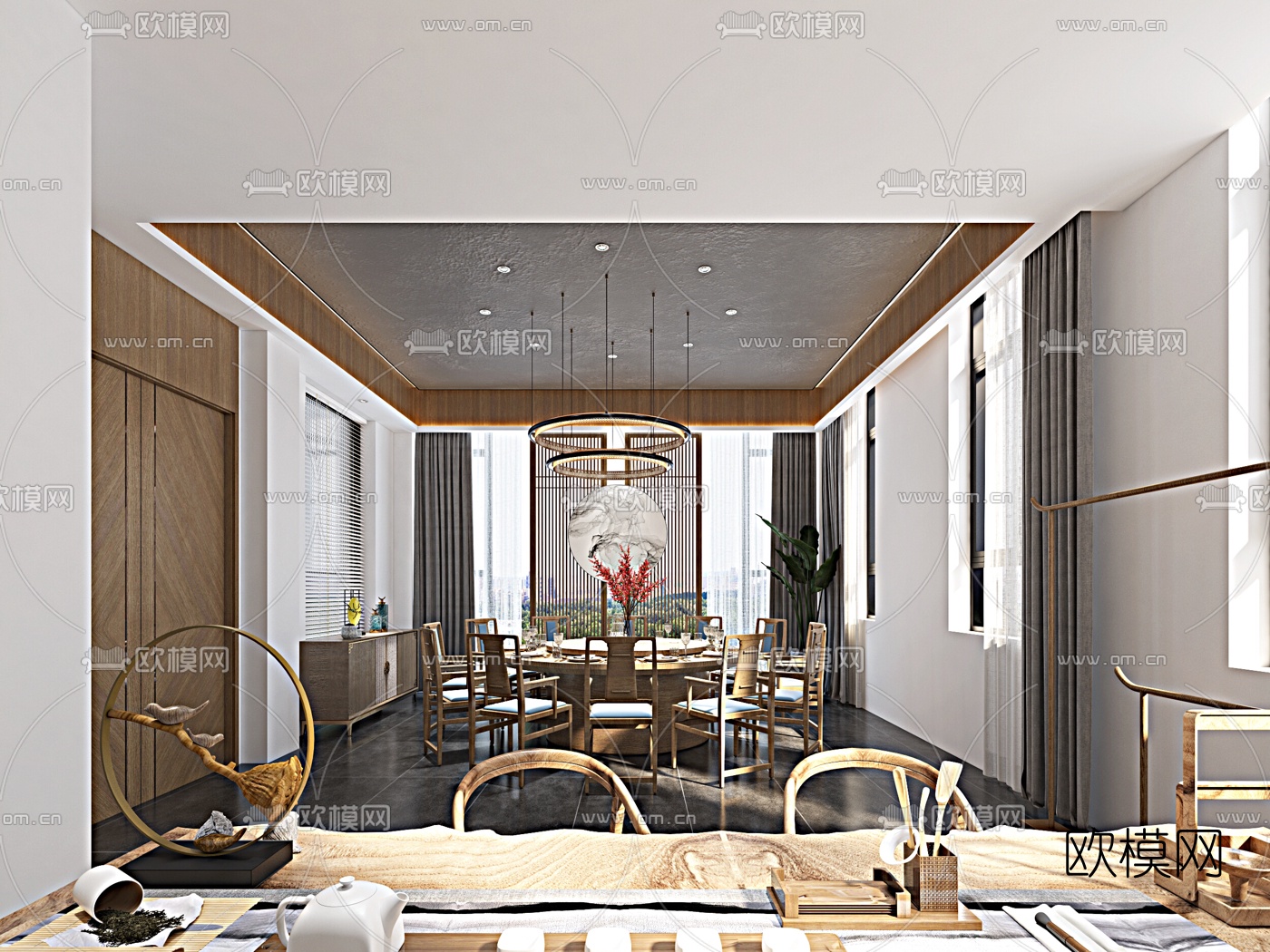 新中式餐厅包房免费3d模型下载（渲染图2）