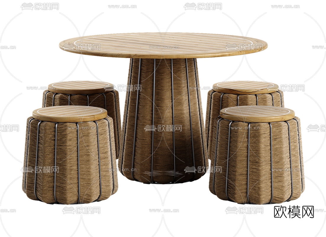 自然风户外编织餐桌餐椅3d模型下载（渲染图3）