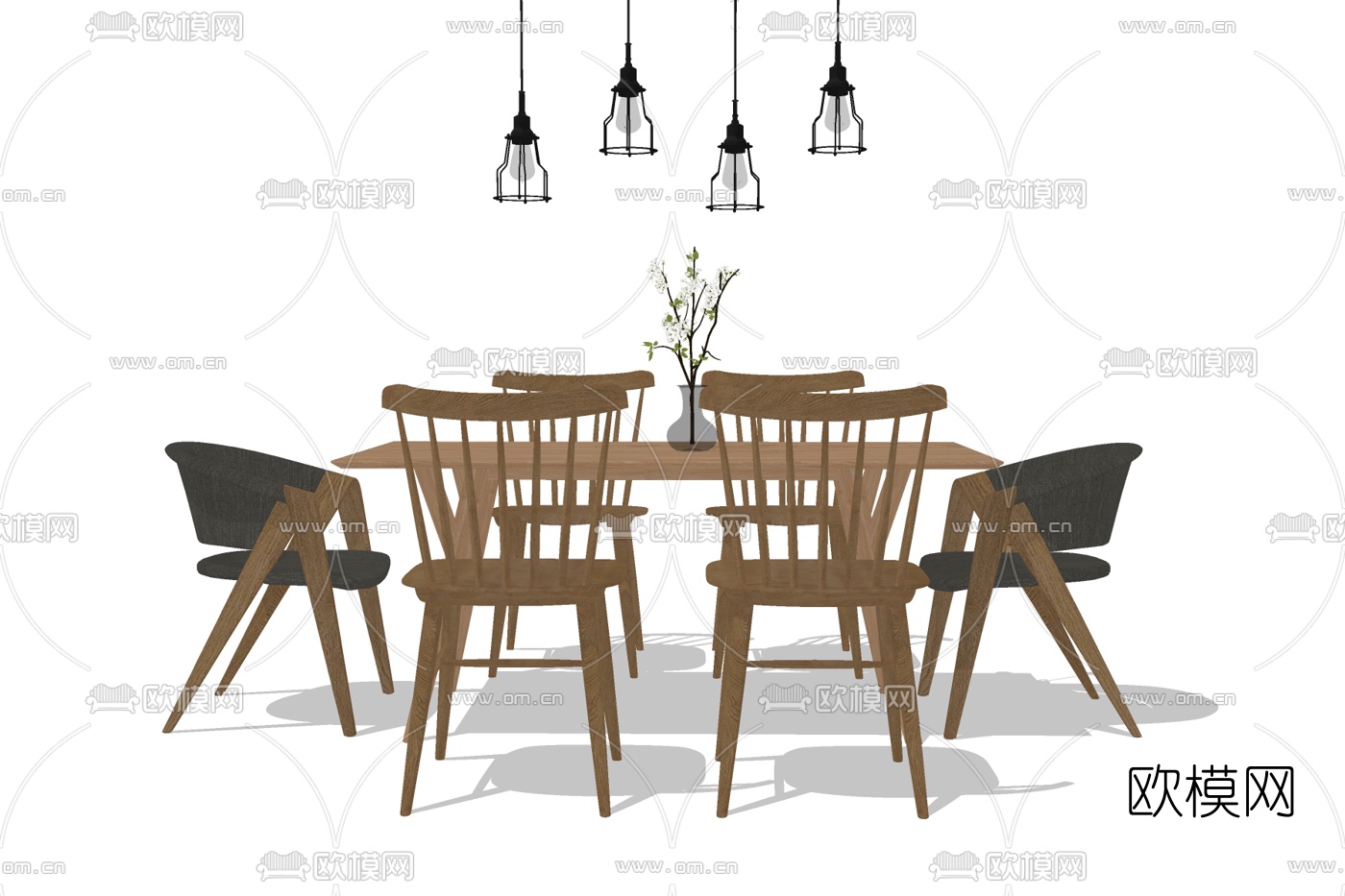 北欧原木餐桌椅su模型下载