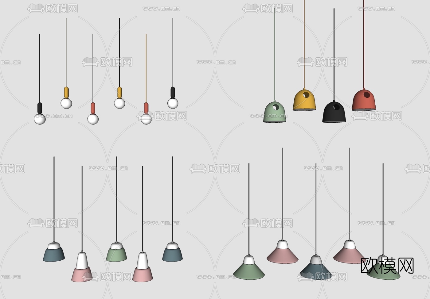 北欧彩色金属吊灯su模型下载