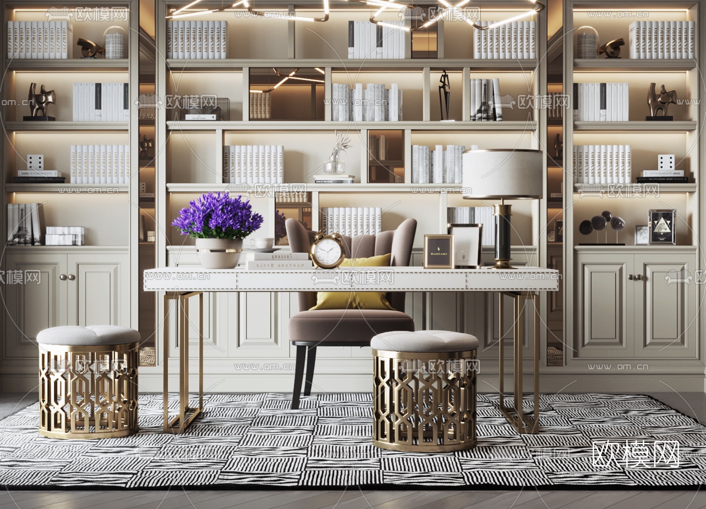 美式轻奢书房3d模型下载（渲染图2）