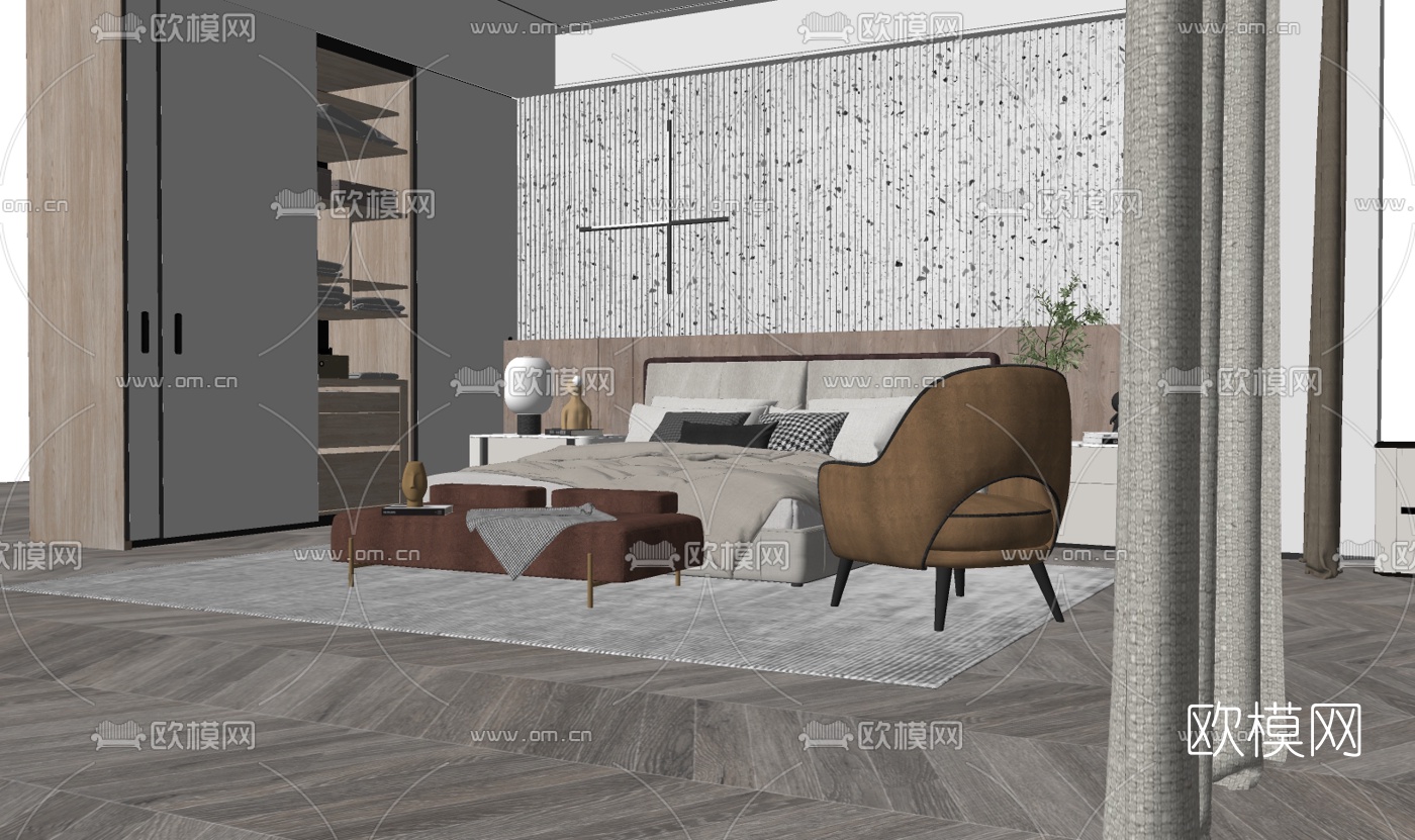 现代布艺双人床su模型下载