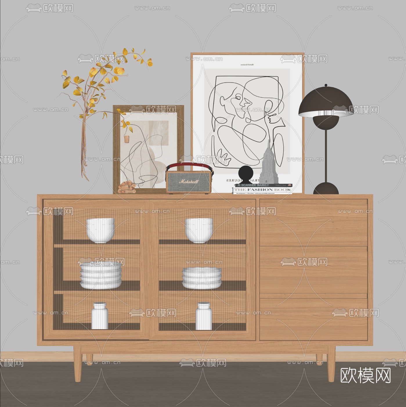 北欧原木餐边柜su模型