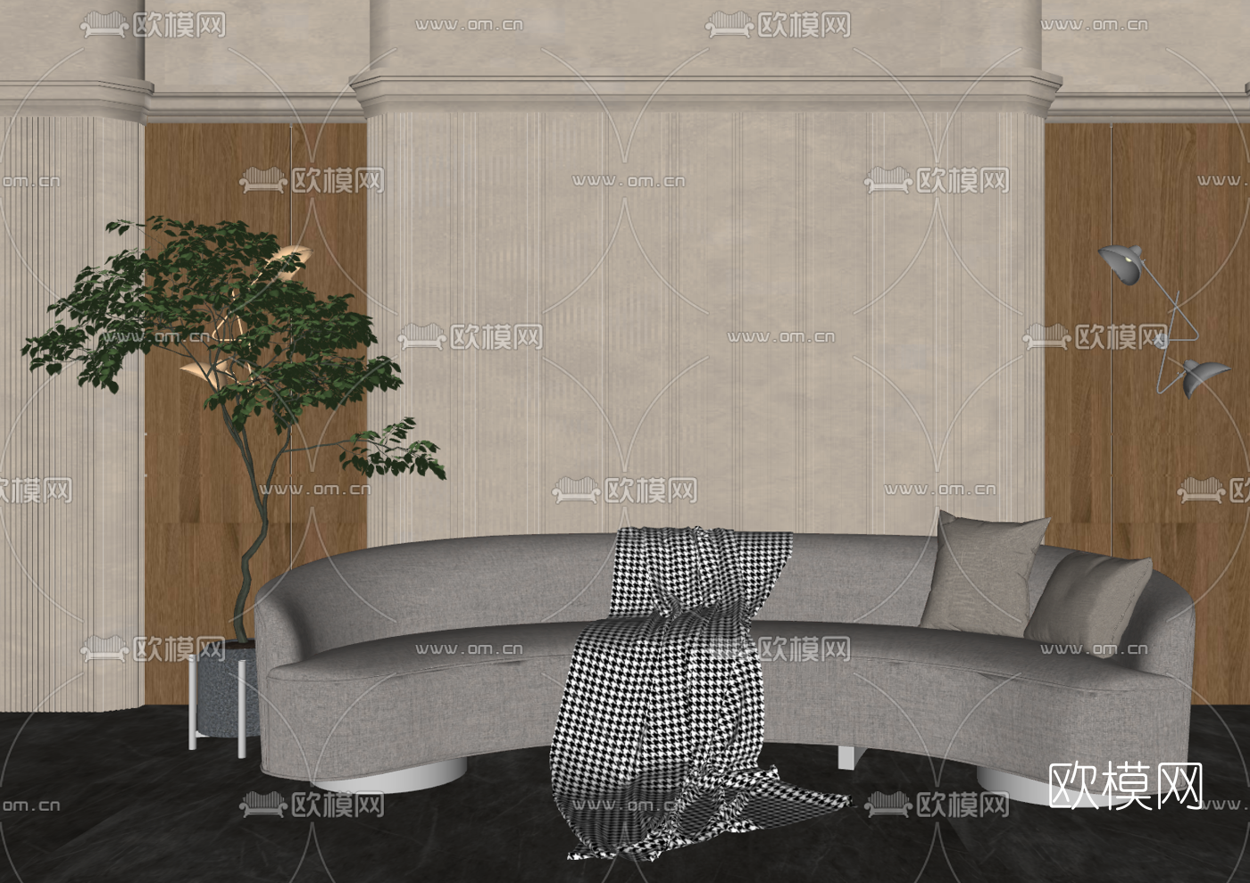 现代布艺弧形沙发su模型下载（渲染图1）