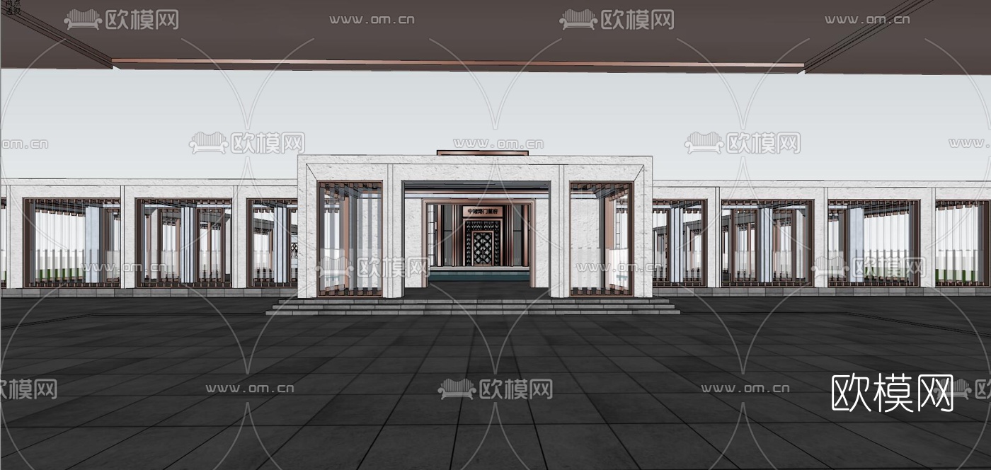 新中式售楼处外观su模型下载（渲染图2）