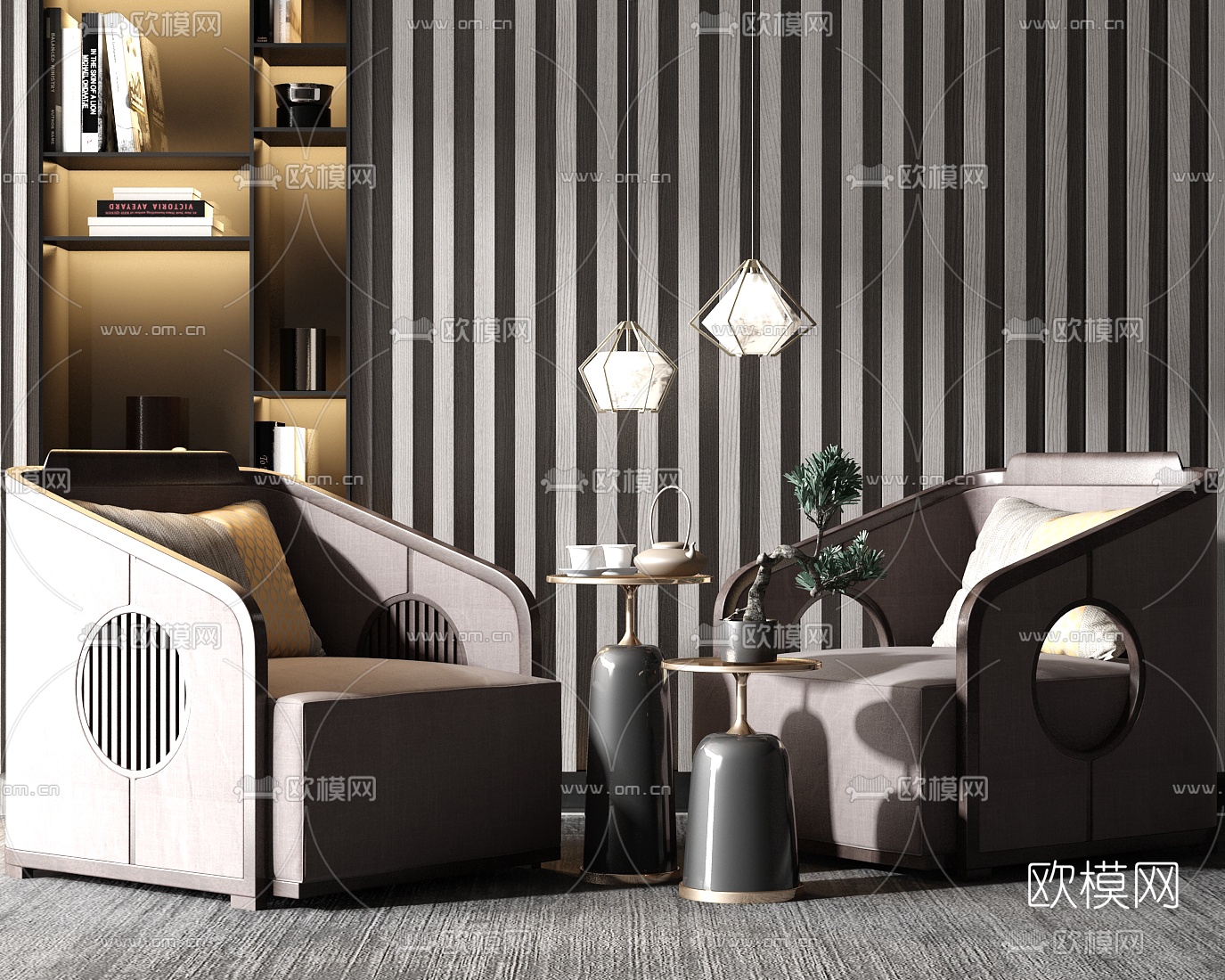 新中式实木单人沙发3d模型下载