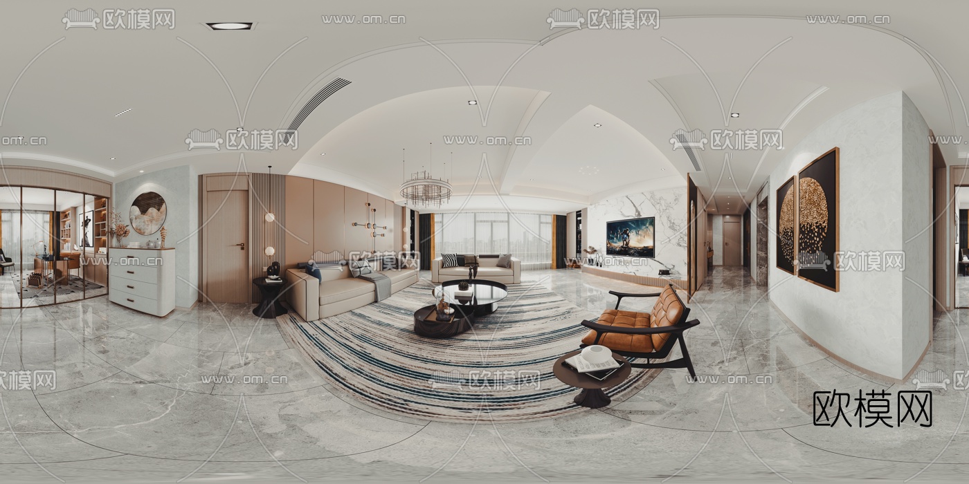 现代轻奢客厅书房cr全景3d模型