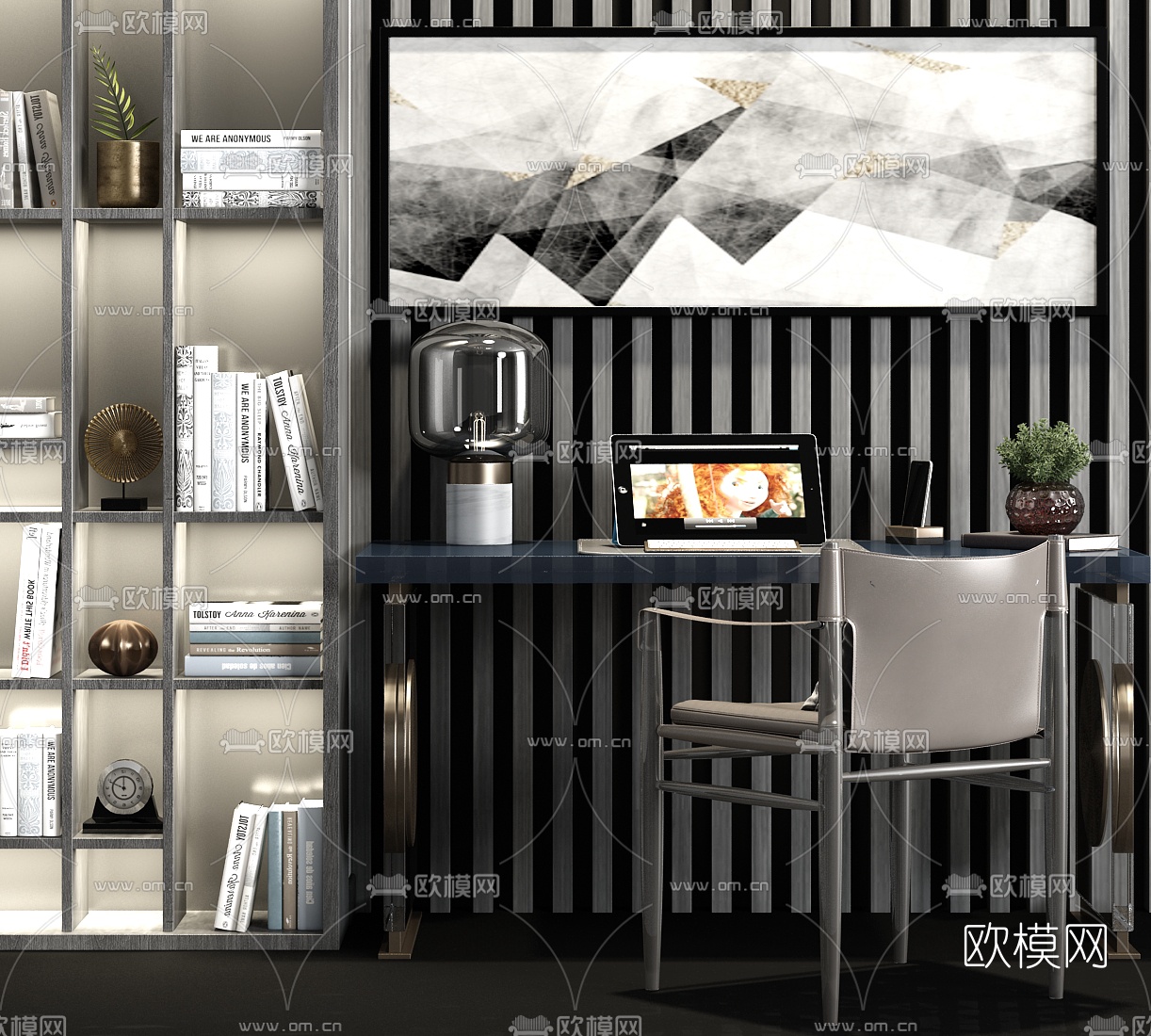 现代简易书柜书桌椅3d模型下载