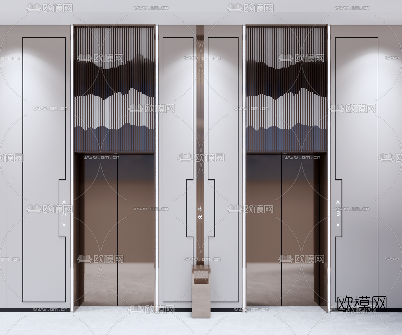 新中式电梯间su模型下载（渲染图1）