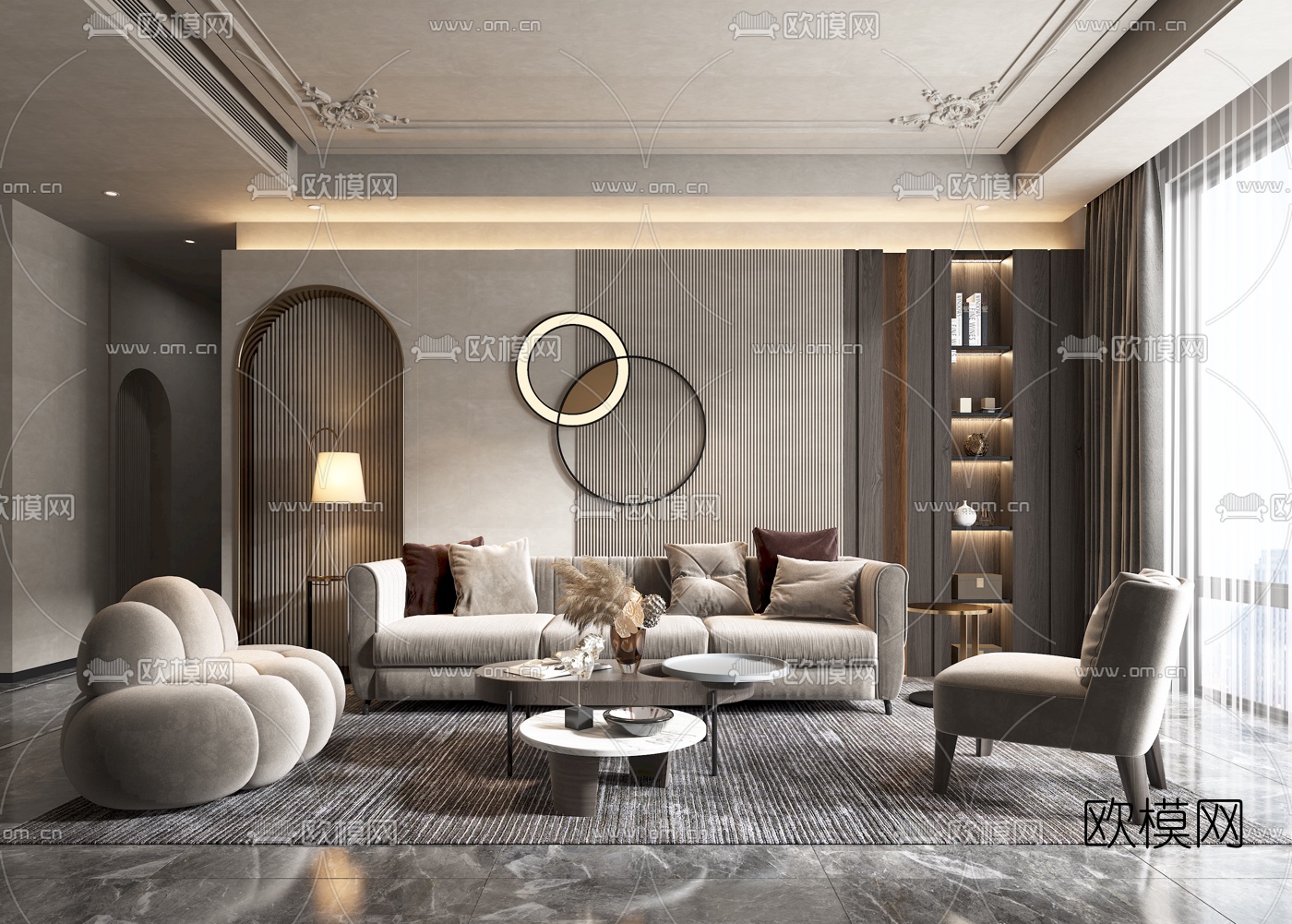 现代布艺沙发组合3d模型下载（渲染图1）