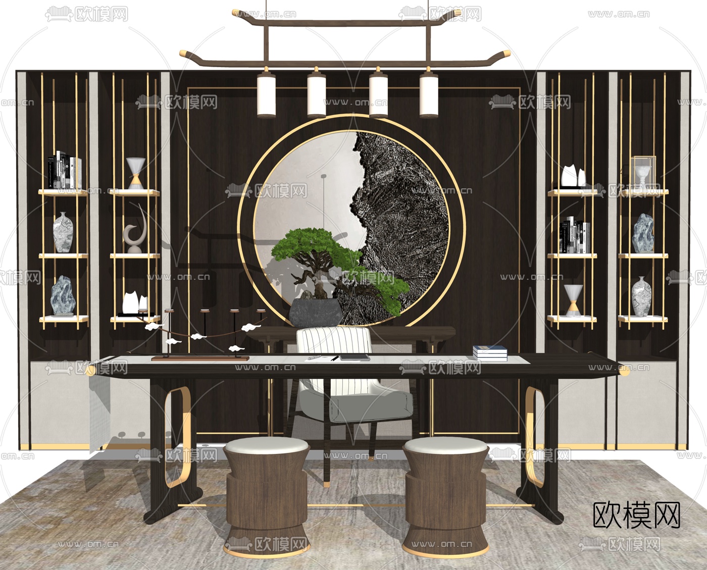 新中式书桌椅su模型下载