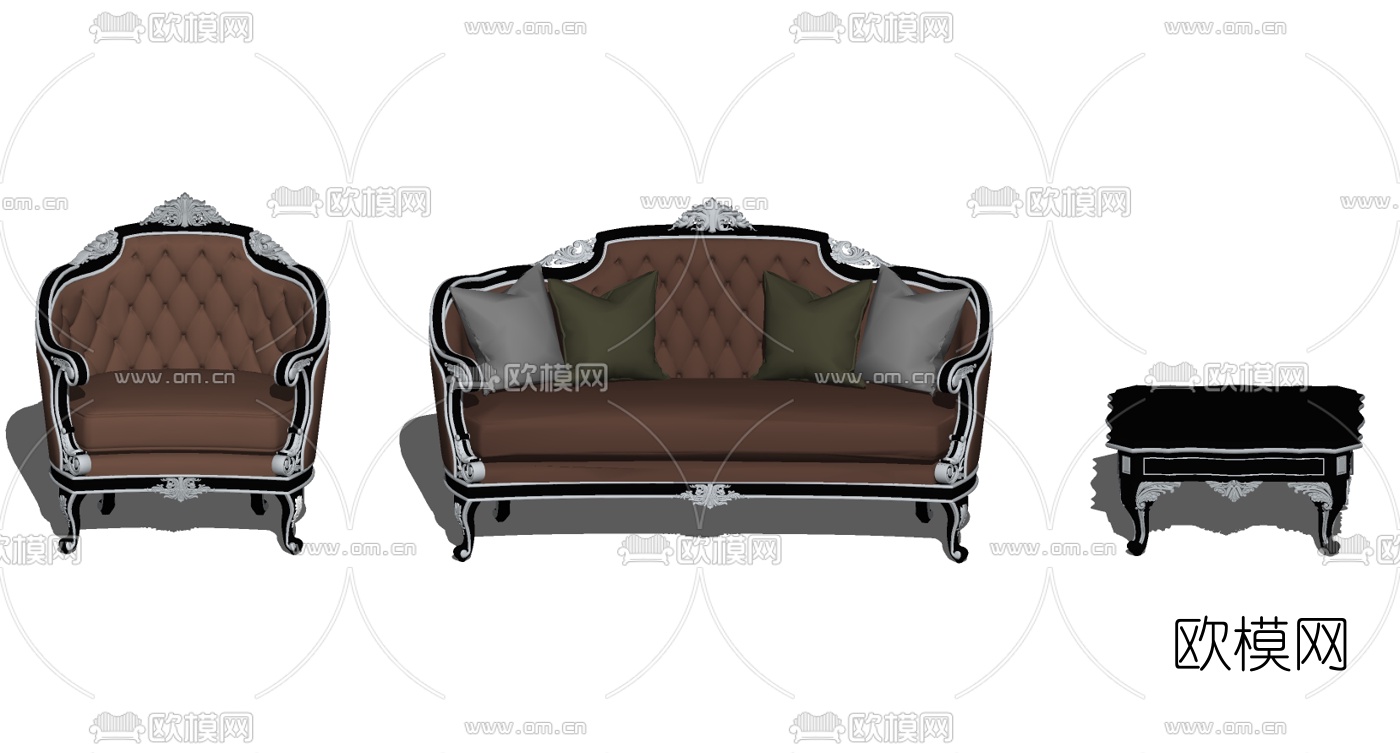 欧式布艺多人沙发su模型下载