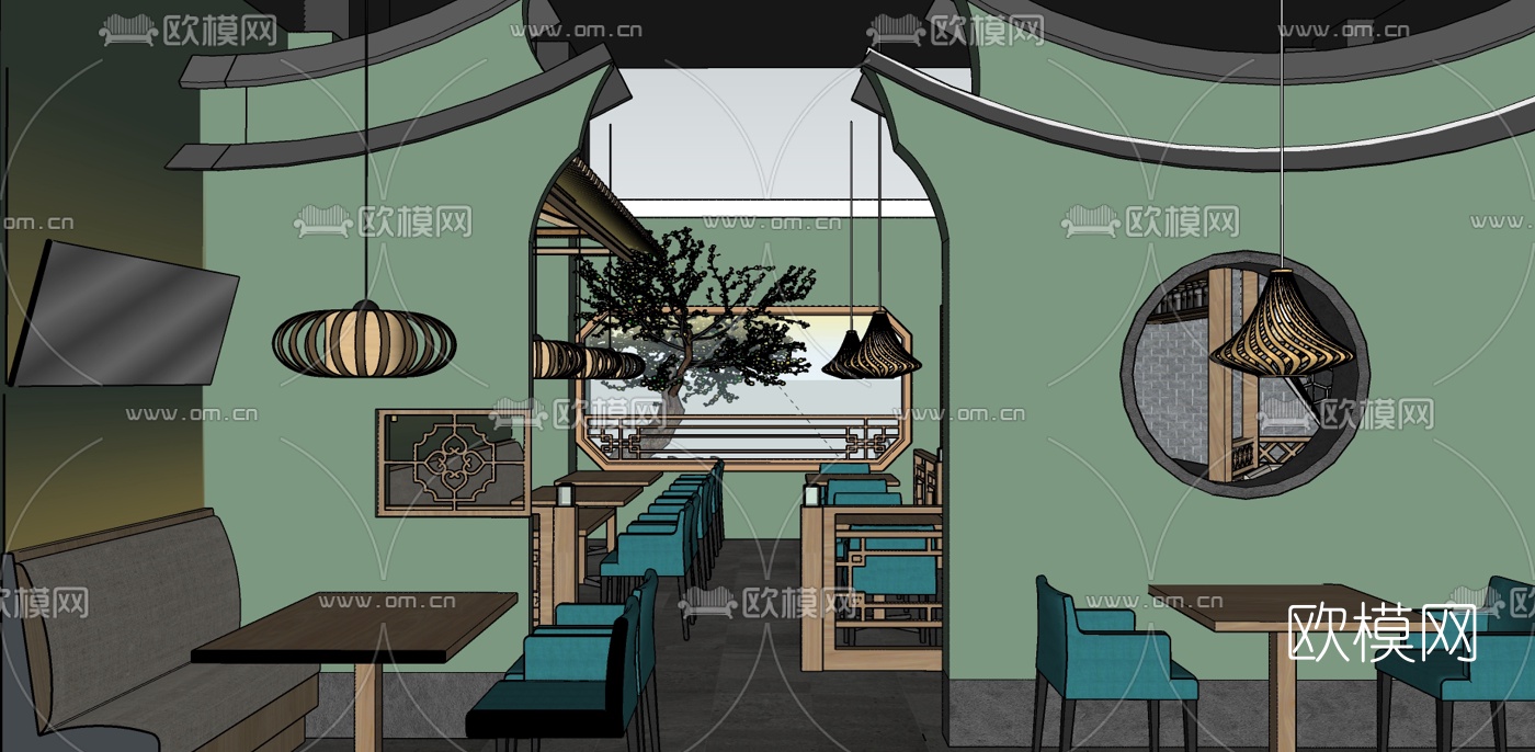 新中式中餐厅su模型下载（渲染图3）