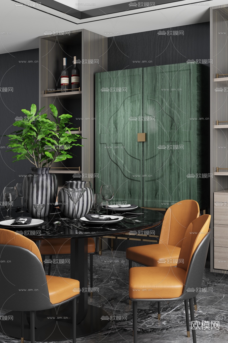 艺居设计 现代大理石餐桌椅3d模型下载