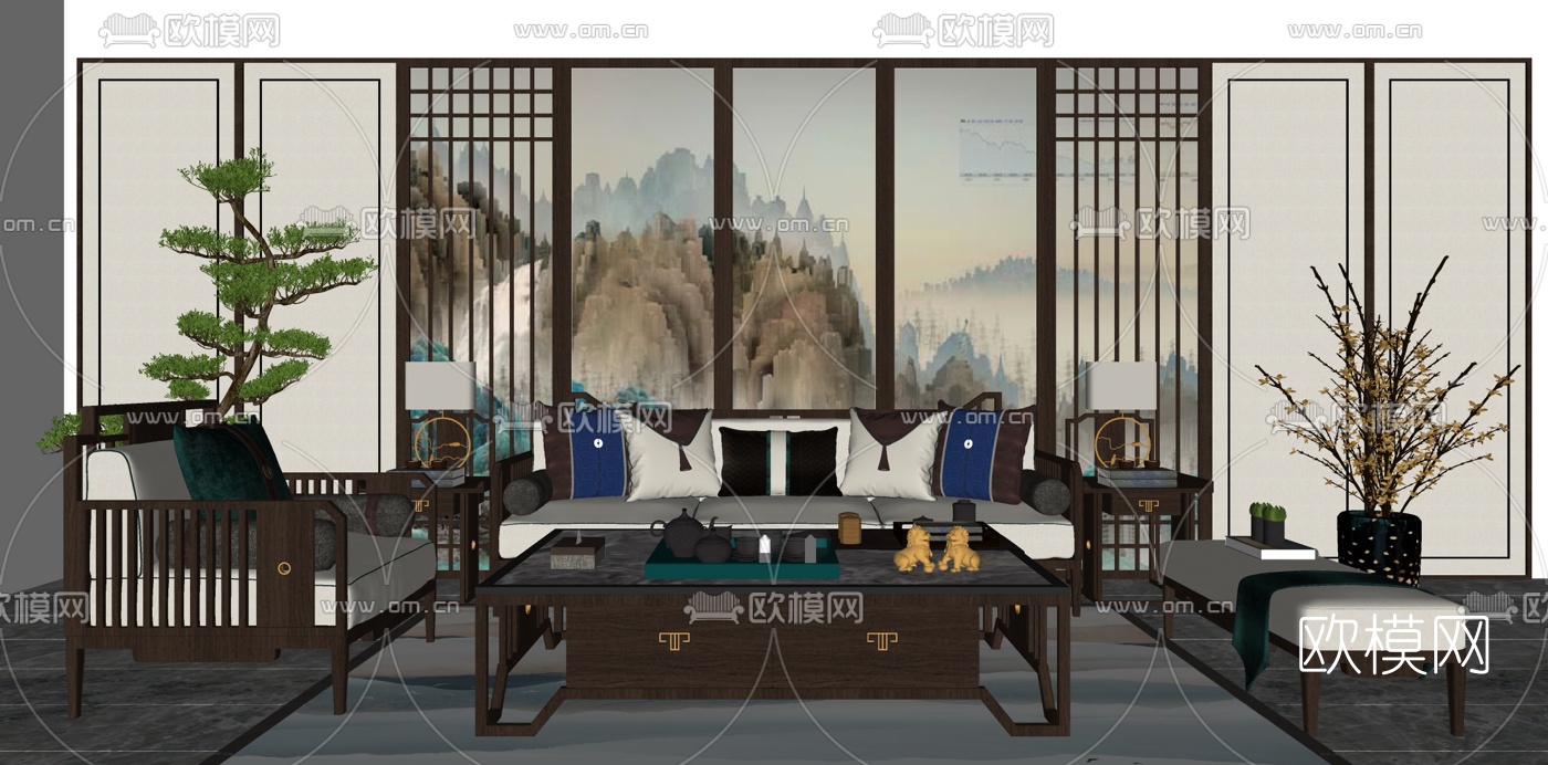 新中式实木组合沙发su模型下载（渲染图2）