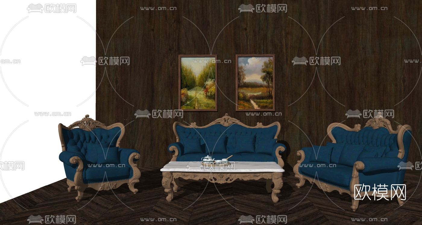 欧式布艺组合沙发su模型下载