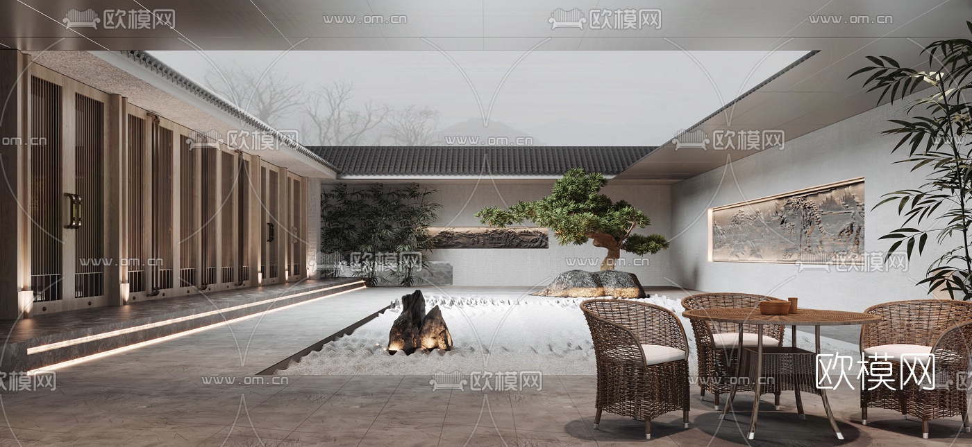 新中式酒店会所中庭3d模型