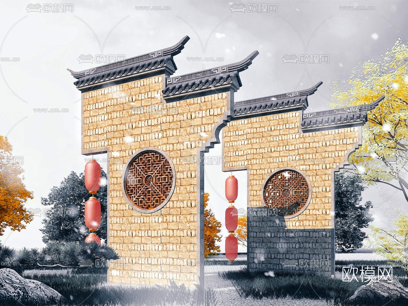 中式徽派景观墙3d模型