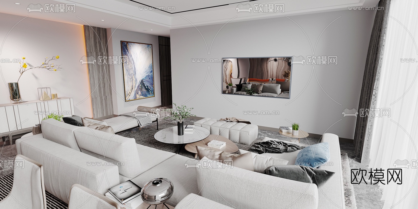 现代简约客厅餐厅3d模型