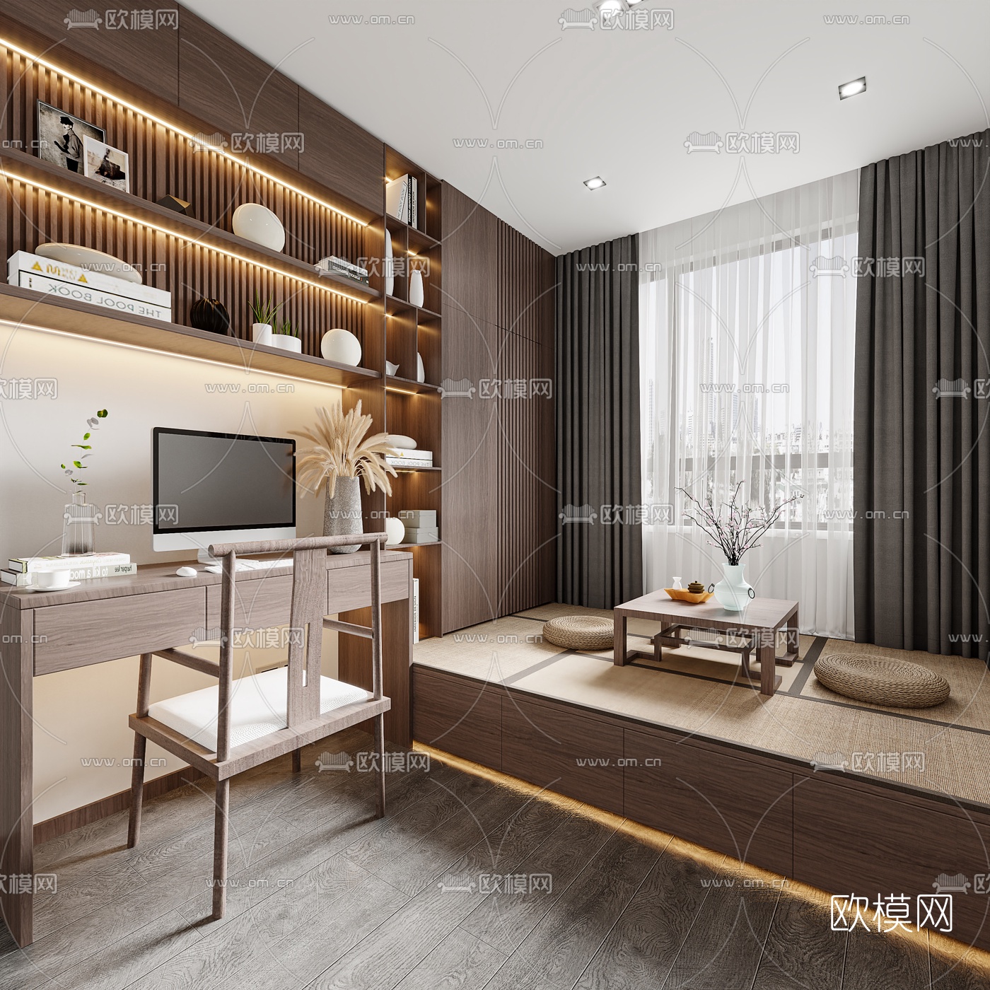 新中式榻榻米书房3d模型下载