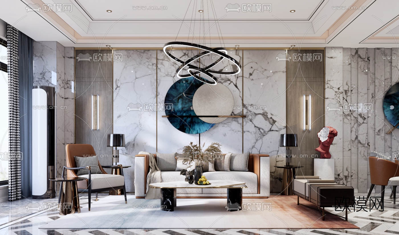 现代轻奢客厅餐厅su模型-免费3dmax模型库-欧模网