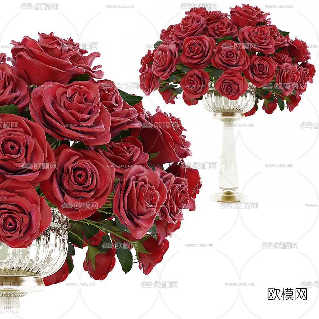 欧式玫瑰花插花花瓶3d模型下载（渲染图1）